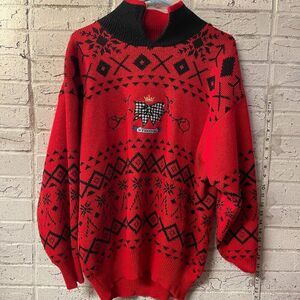80's Vintage Fast Turn Colorful Red Black Bow Weekends High Neck Sweater Small